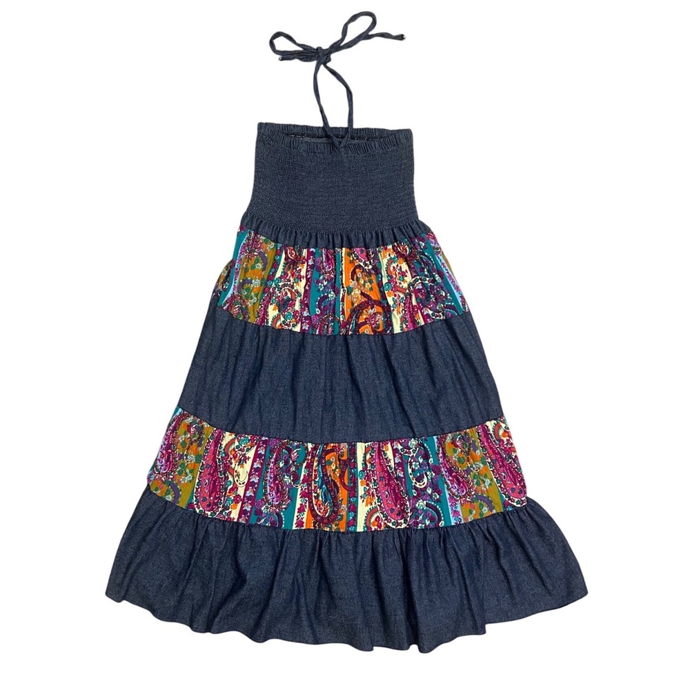 Boho Western Paisley Tiered Smocked Halter‎ Maxi Dress Blue Multi L hippie y2k